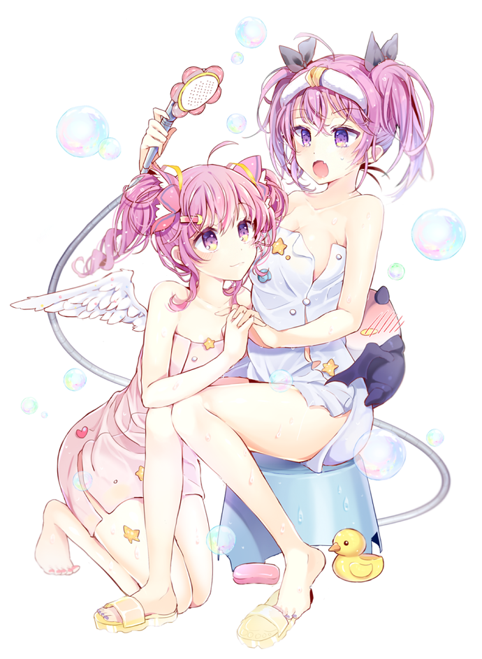 2girls, :o, aisha_(elsword), angkor_(elsword), bath_stool, bubble, dimension_witch_(elsword), dual_persona