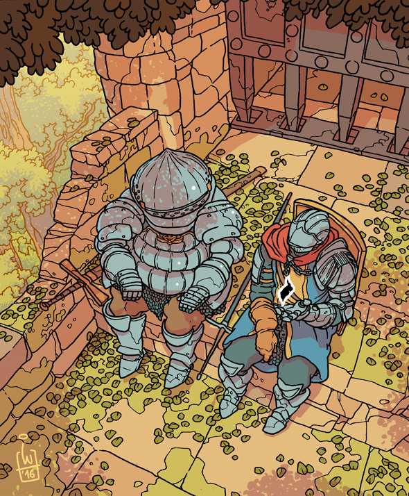 1boy, ambiguous_gender, armor, breastplate, chosen_undead, dark_souls, from_above, full_armor