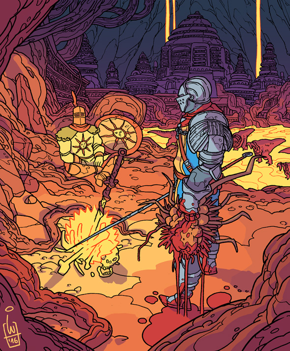 1boy, ambiguous_gender, armor, blood, blood_on_feet, blood_on_ground, bloody_hands, bonfire, breastplate, chosen_undead, dark_souls, fire, full_armor, gauntlets, helmet, holding, holding_sword, holding_weapon, igorwolski, knight, molten_rock, pauldrons, shield, solaire_of_astora, souls_(from_software), sword, underground, weapon
