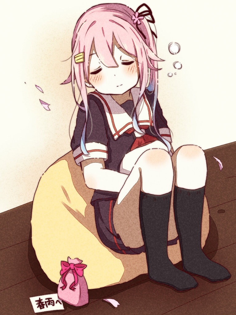 1girl, bean_bag, beret, blue_hair, blush, closed_eyes, commentary_request, gloves