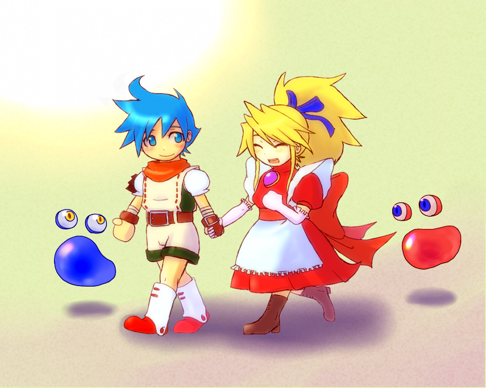 1boy, 1girl, blonde_hair, blue_eyes, blue_hair, boots, breath_of_fire, breath_of_fire_iii