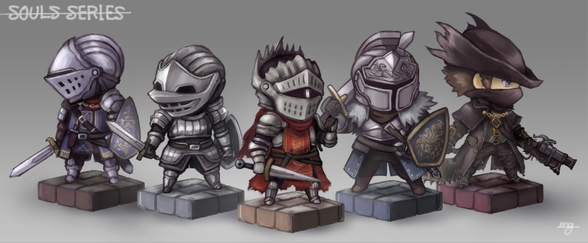 ambiguous_gender, armor, axe, belt, black_legwear, bloodborne, blue_eyes, boots