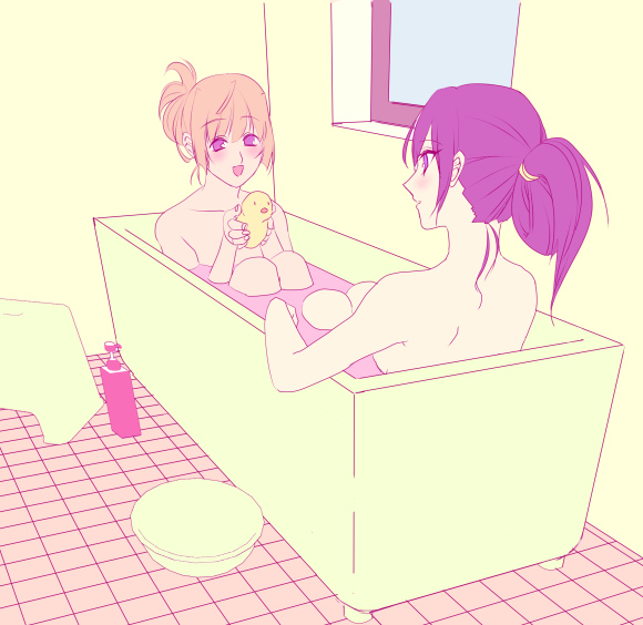 2girls, alternate_hairstyle, bathtub, hair_up, himemiya_chikane, imotaberu, kannazuki_no_miko, kurusugawa_himeko