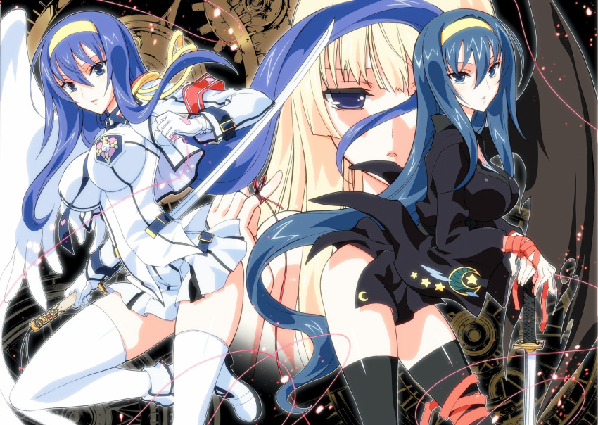 2girls, 3girls, bandages, black_legwear, blonde_hair, blue_hair, cowboy_shot, crescent_moon