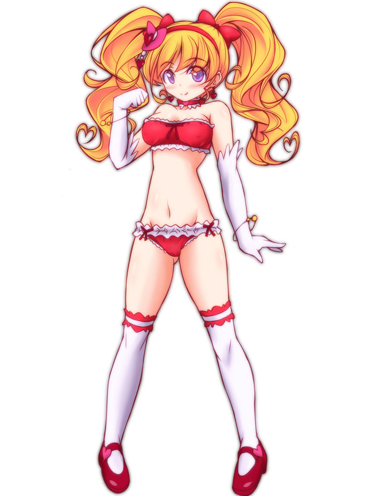 1girl, asahina_mirai, blonde_hair, bow, bra, cure_miracle, elbow_gloves, frilled_panties