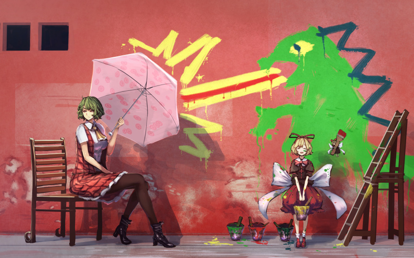 2girls, ^_^, bangs, black_boots, blonde_hair, boots, bow, bowtie