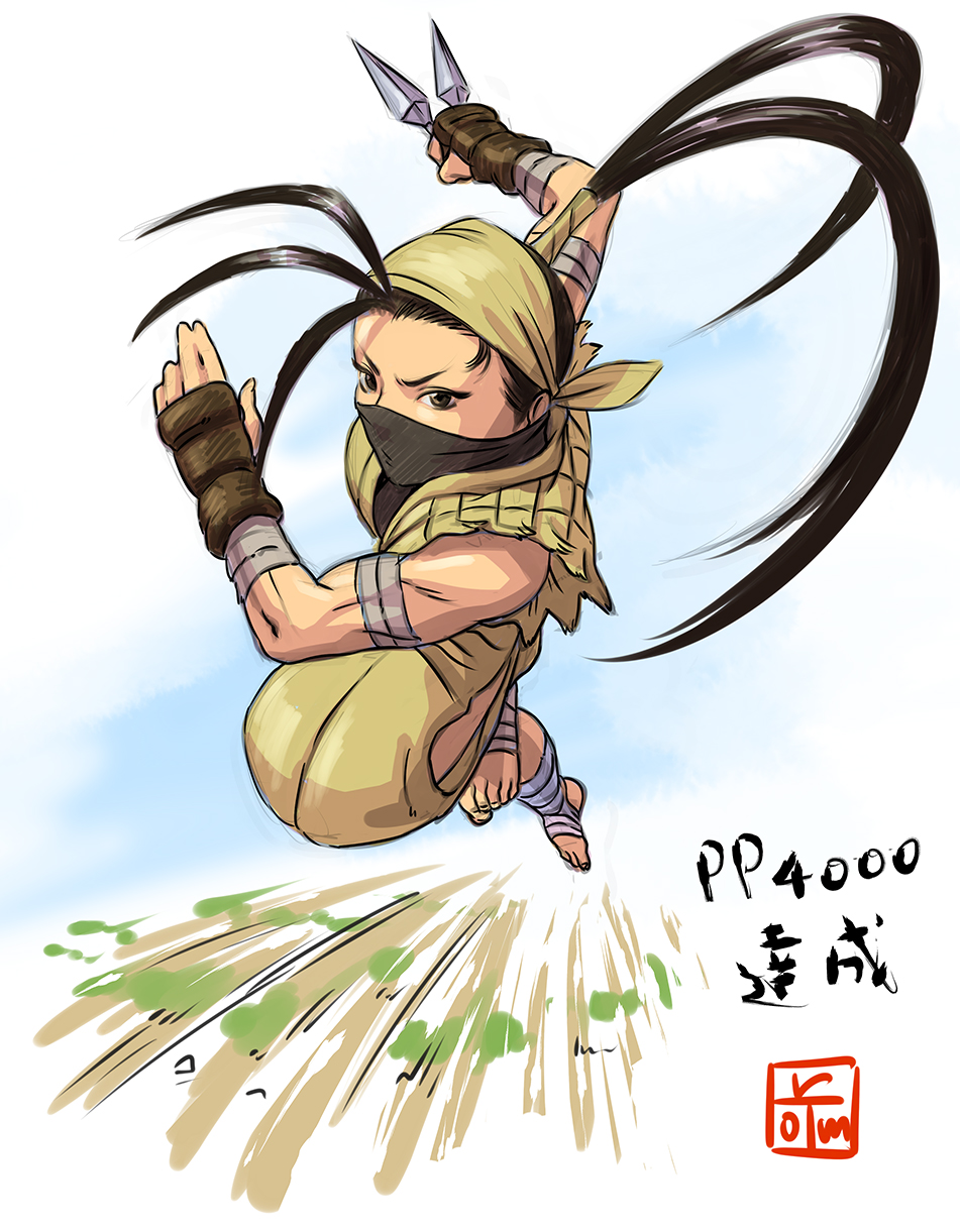 1girl, ankle_wraps, bandages, barefoot, biceps, dashing, face_mask, fingerless_gloves, gauntlets, gloves, highres, ibuki_(street_fighter), japanese_clothes, kunai, long_hair, mask, muscle, ninja, ponytail, school_uniform, solo, street_fighter, t_rom, weapon, wrist_wraps