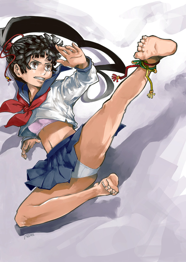 1girl, angry, anklet, barefoot, black_hair, bra, feet, fighting_stance