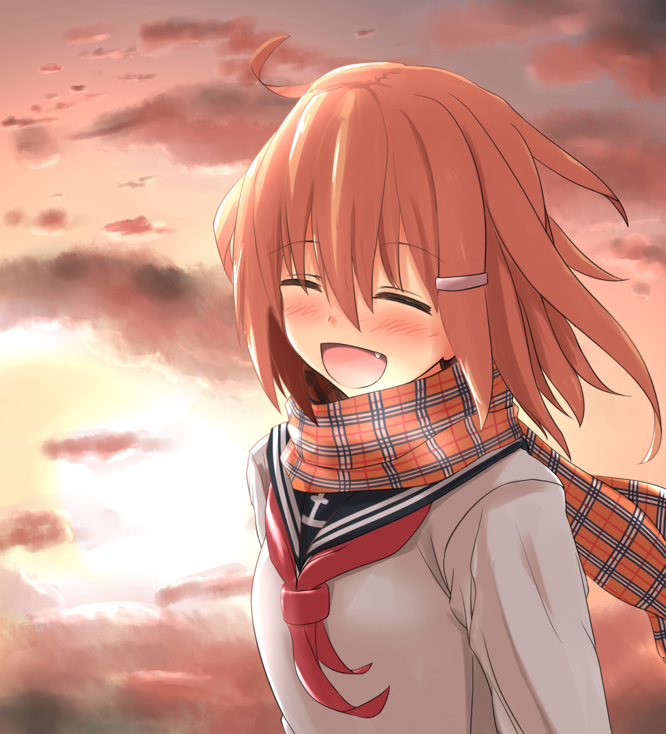 1girl, :d, ^_^, blush, brown_hair, closed_eyes, clouds, commentary_request