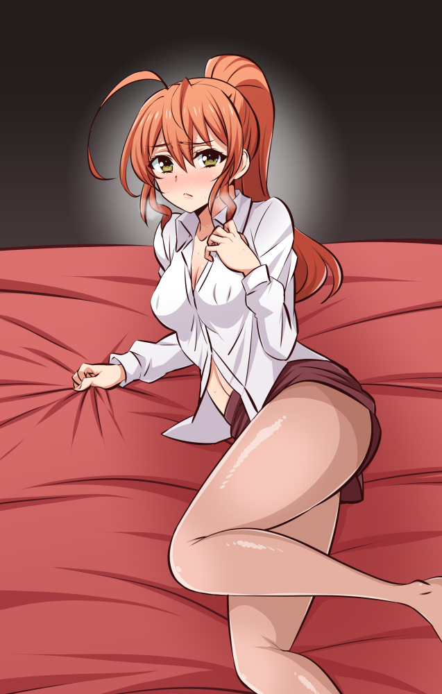 1girl, active_raid, ahoge, bed_sheet, blush, brown_eyes, dress_shirt, female
