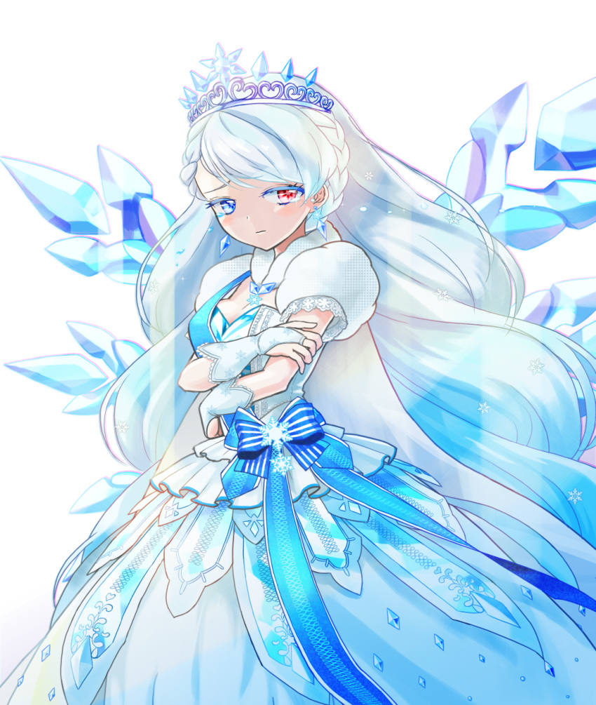 1girl, blue_bow, blue_dress, blue_eyes, blue_hair, bow, braid, bridal_gauntlets