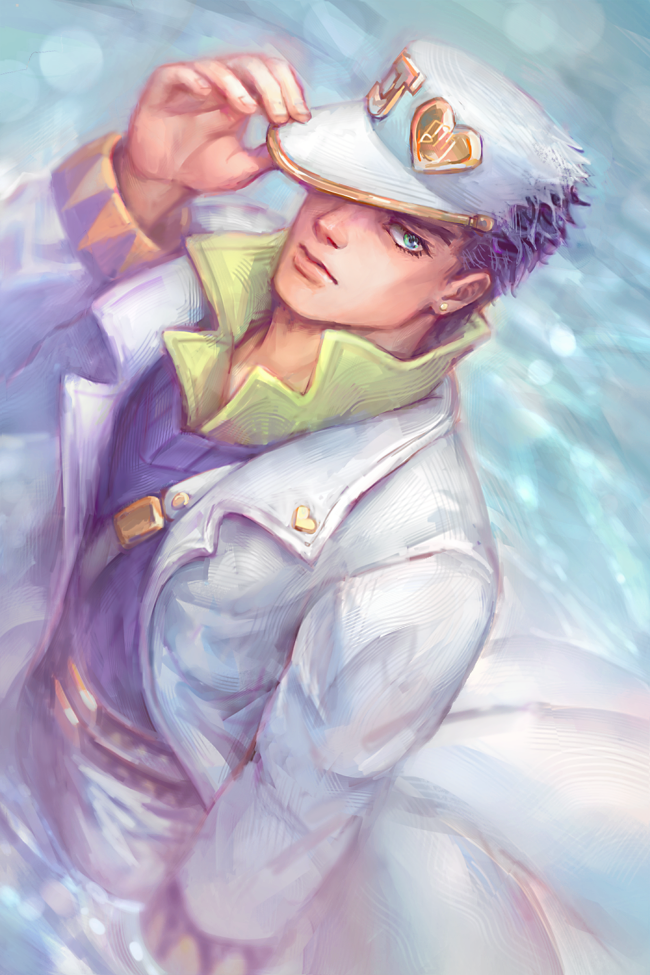 1boy, hat, jojo_no_kimyou_na_bouken, kawiku, kuujou_joutarou, long_coat, solo, uniform