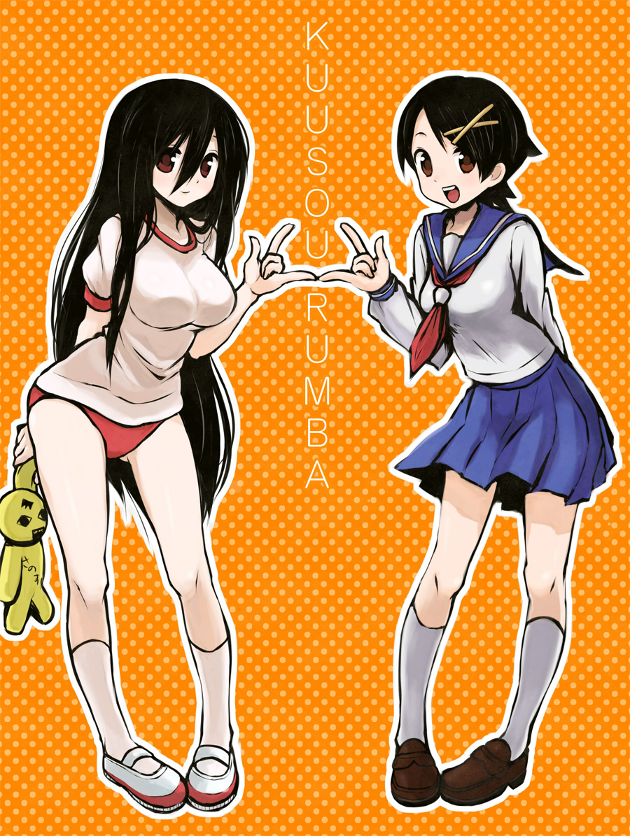 \m/, black_hair, breasts, brown_eyes, buruma, fuura_kafuka, gym_uniform, hair_ornament