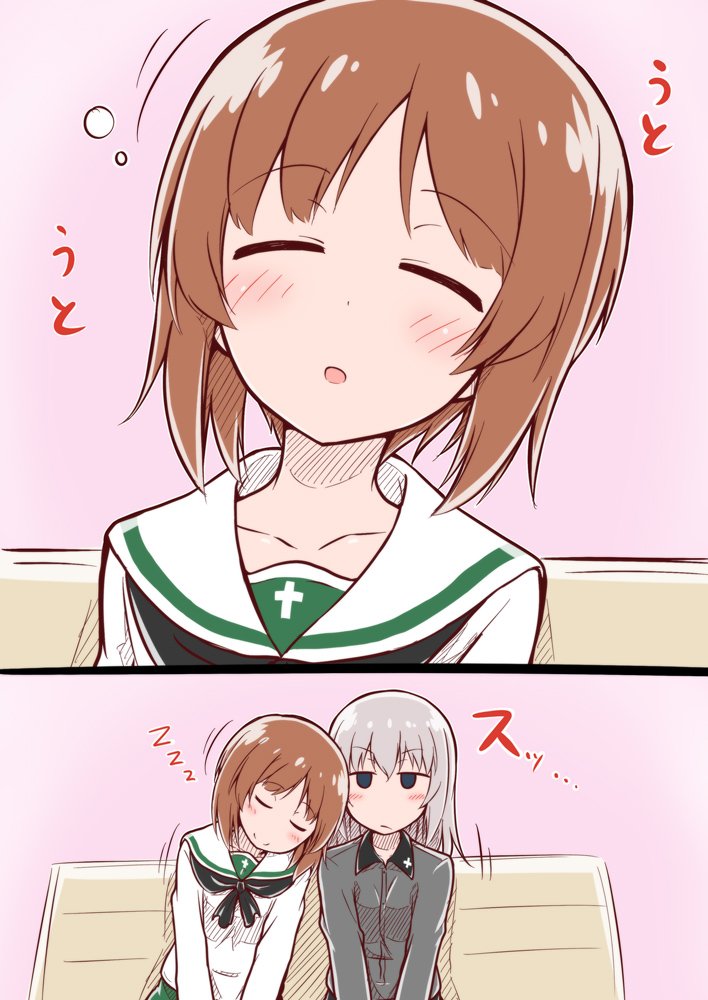 2girls, :o, bench, blue_eyes, blush, brown_hair, closed_eyes, girls_und_panzer