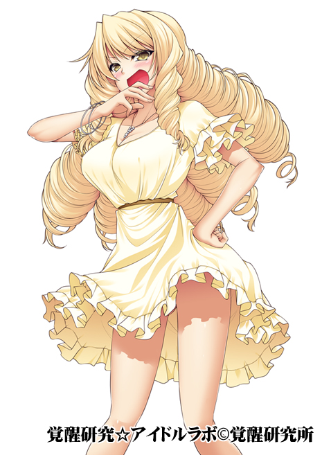 1girl, blonde_hair, blush, bracelet, breasts, cleavage, commentary_request, dress