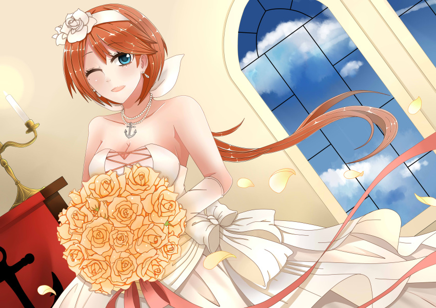 1girl, absurdres, blue_eyes, blue_sky, bouquet, breasts, bridal_veil, bride