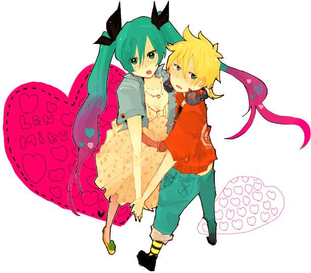 ari_(pixiv67790), blonde_hair, blue_eyes, green_eyes, green_hair, hair_ribbon, hand_holding, hatsune_miku, headphones, heart, holding_hands, kagamine_len, long_hair, ribbon, short_hair, twintails, vocaloid