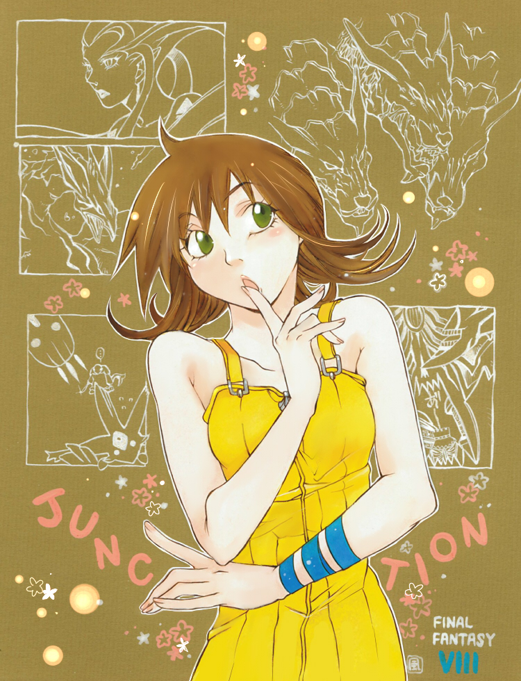 1girl, breasts, brown_hair, carbuncle_(final_fantasy), cerberus_(ff8), d-maker, final_fantasy, final_fantasy_viii, flipped_hair, green_eyes, selphie_tilmitt, shiva_(final_fantasy), short_hair, skirt, solo, yellow_skirt