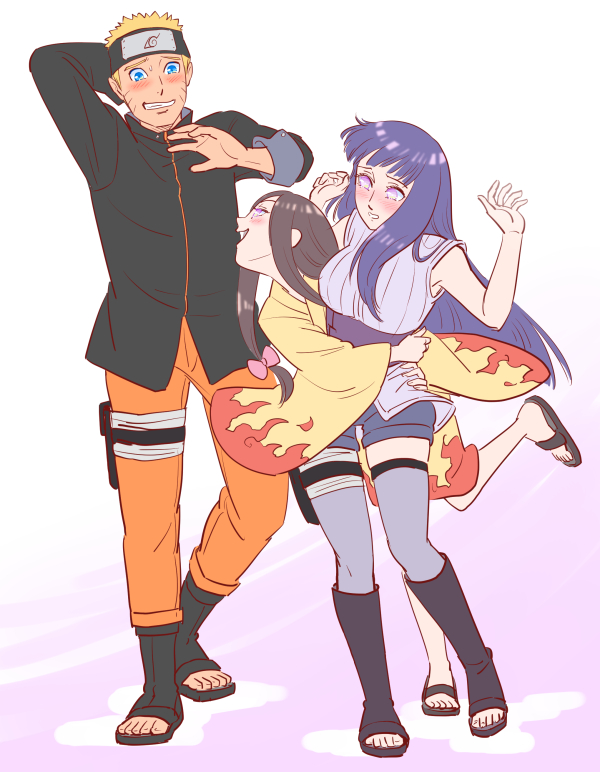 1boy, 2girls, :d, black_hair, blonde_hair, blue_eyes, blue_hair, blush
