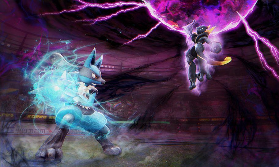 arena, energy_ball, fighting_stance, levitation, lucario, mewtwo, no_humans, official_art