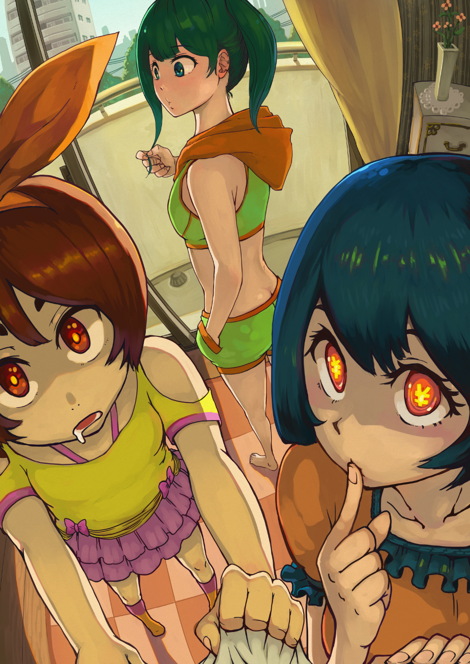 3girls, bare_shoulders, barefoot, blue_hair, blush, bow, brown_hair, checkered