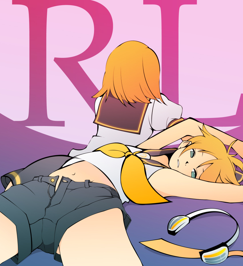 blonde_hair, blue_eyes, crossdressing, crossdressinging, h_e_r_o, hero_(pixiv), highres, kagamine_len, kagamine_rin, lying, on_back, short_hair, shorts, siblings, sitting, twins, vocaloid
