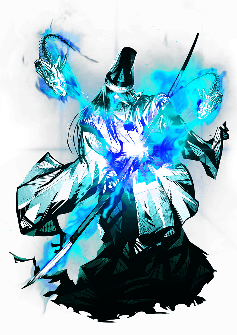 1boy, alpha_transparency, blue_fire, enemy_naginata, fire, full_body, glowing, glowing_eye
