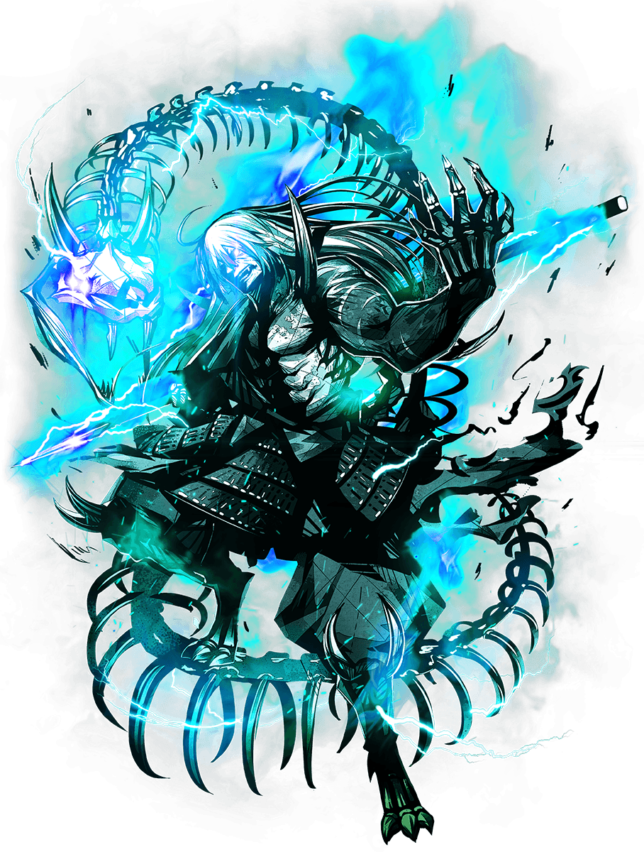 1boy, alpha_transparency, armor, blue_fire, enemy_yari, fire, full_body, glowing
