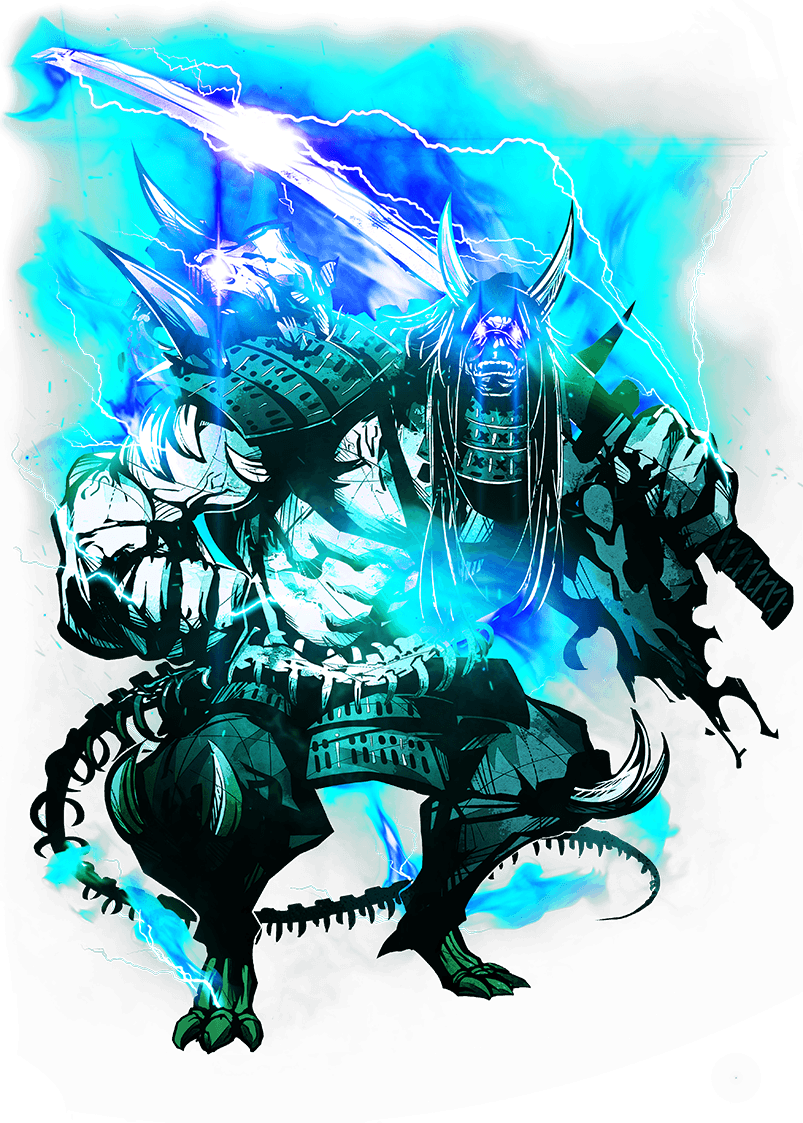1boy, alpha_transparency, armor, blue_fire, enemy_ootachi, fire, full_body, glowing, glowing_eyes, horns, ishitsu_kenzou, japanese_armor, kebiishi_(touken_ranbu), kusazuri, long_hair, looking_at_viewer, male_focus, menpoo, muscle, official_art, ootachi, shirtless, skeleton, sode, solo, sword, touken_ranbu, transparent_background, weapon