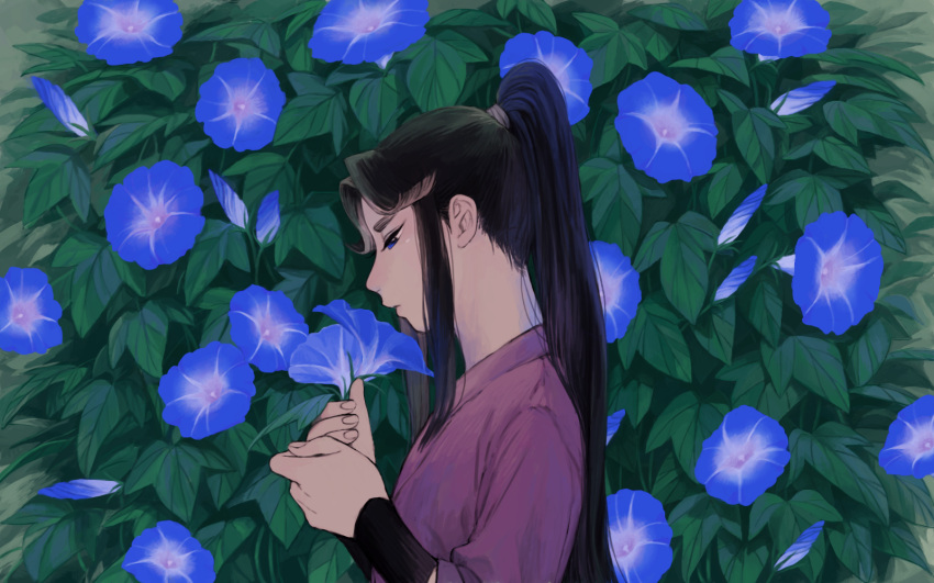 1boy, bangs, blue_eyes, blue_flower, eyebrows, eyelashes, flower, from_side