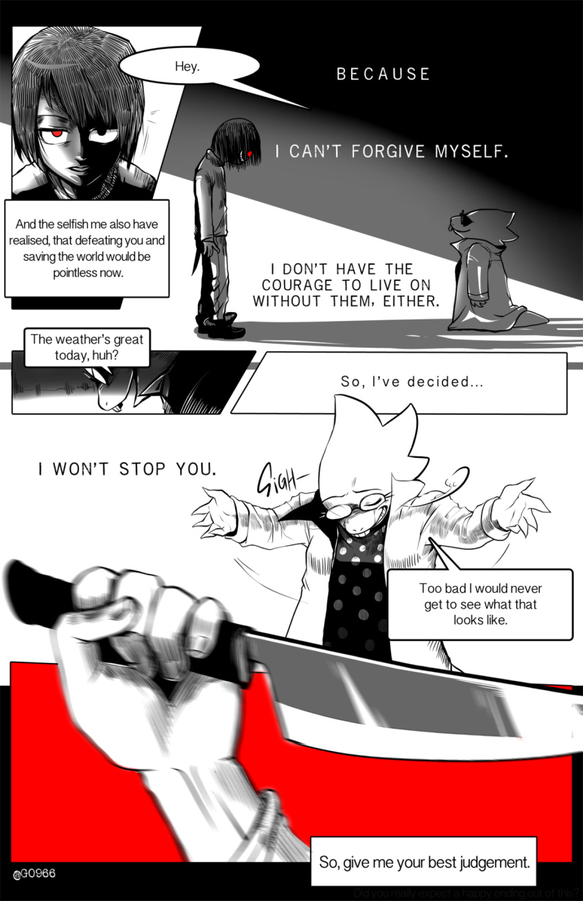 1girl, alphys, androgynous, artist_name, black_eyes, chara_(undertale), comic, commentary