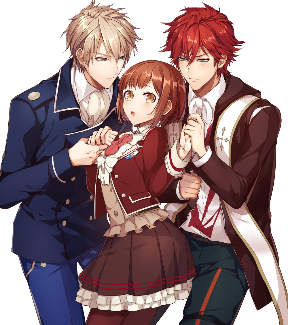 1girl, 2boys, :o, ascot, badge, bangs, blazer, blonde_hair