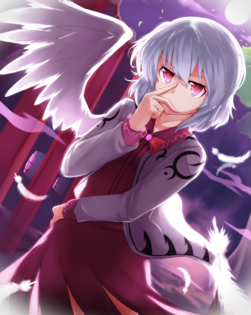 1girl, backlighting, bow, bowtie, dress, dutch_angle, feathers, full_moon