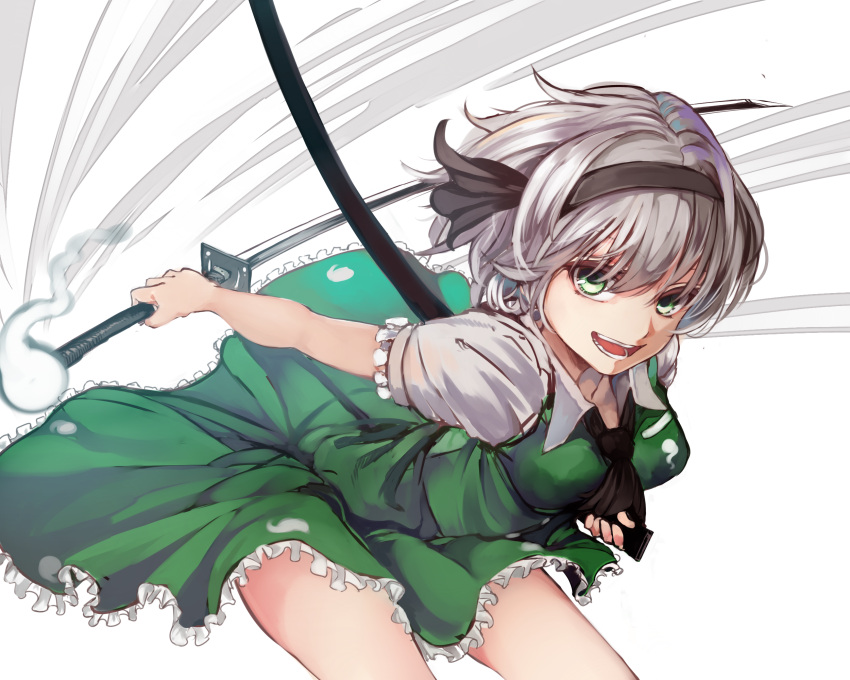 1girl, ghost, green_eyes, hairband, highres, hitodama, katana, konpaku_youmu