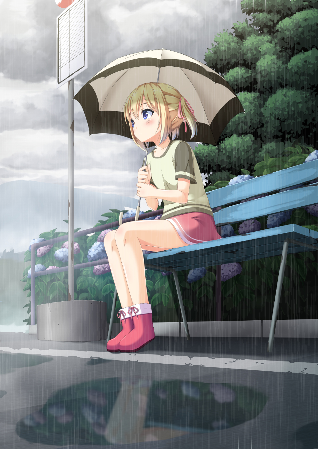 1girl, bench, blue_eyes, boots, bus_stop, flower, hair_ribbon, highres