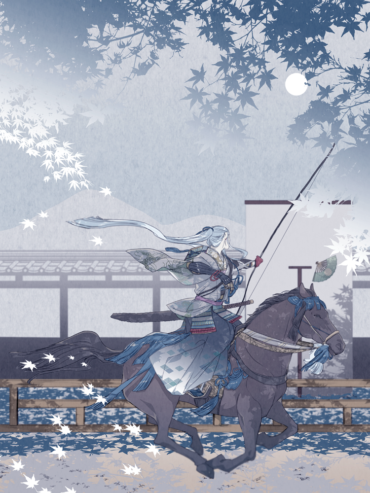 1boy, alternate_hairstyle, archery, architecture, blue_hair, bow_(weapon), east_asian_architecture, fan