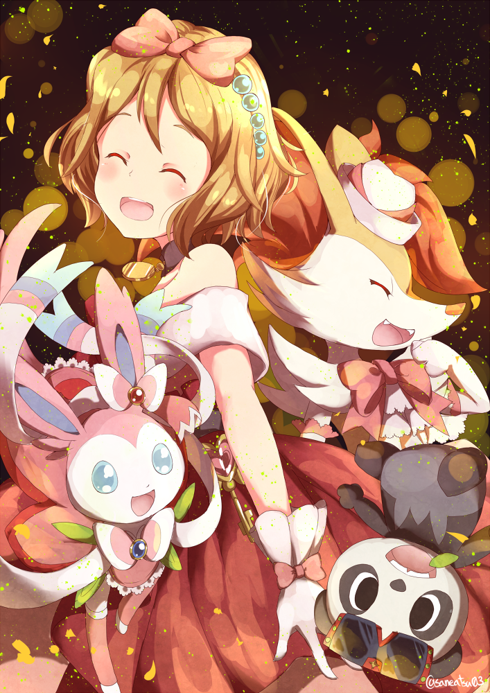 1girl, :d, ^_^, blue_eyes, bow, braixen, brown_hair, closed_eyes