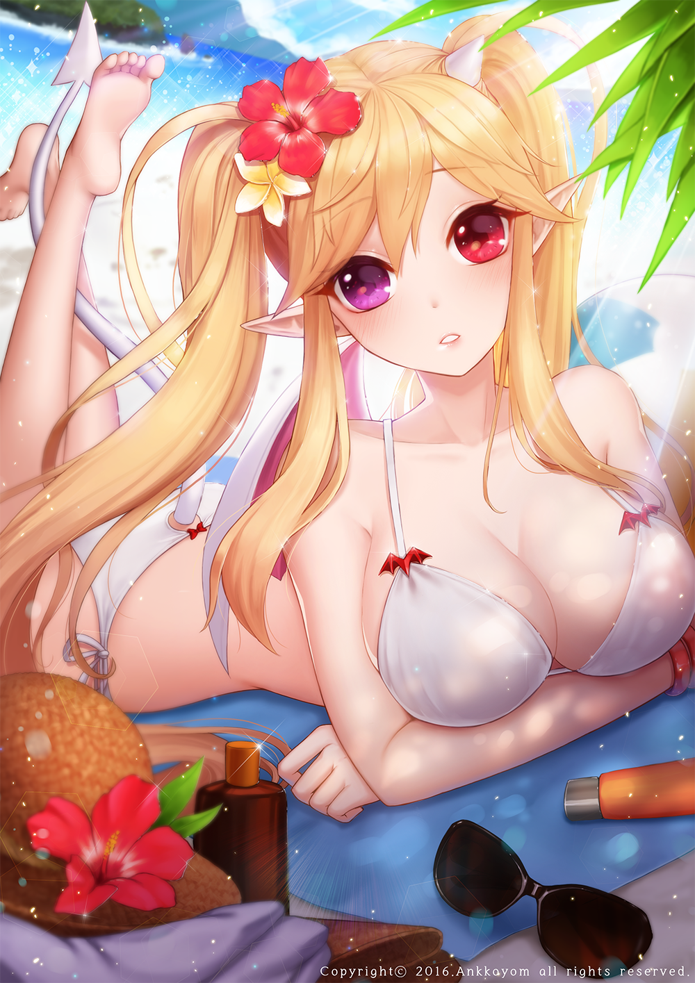 1girl, 2016, ango, artist_name, bangs, barefoot, beach, bikini