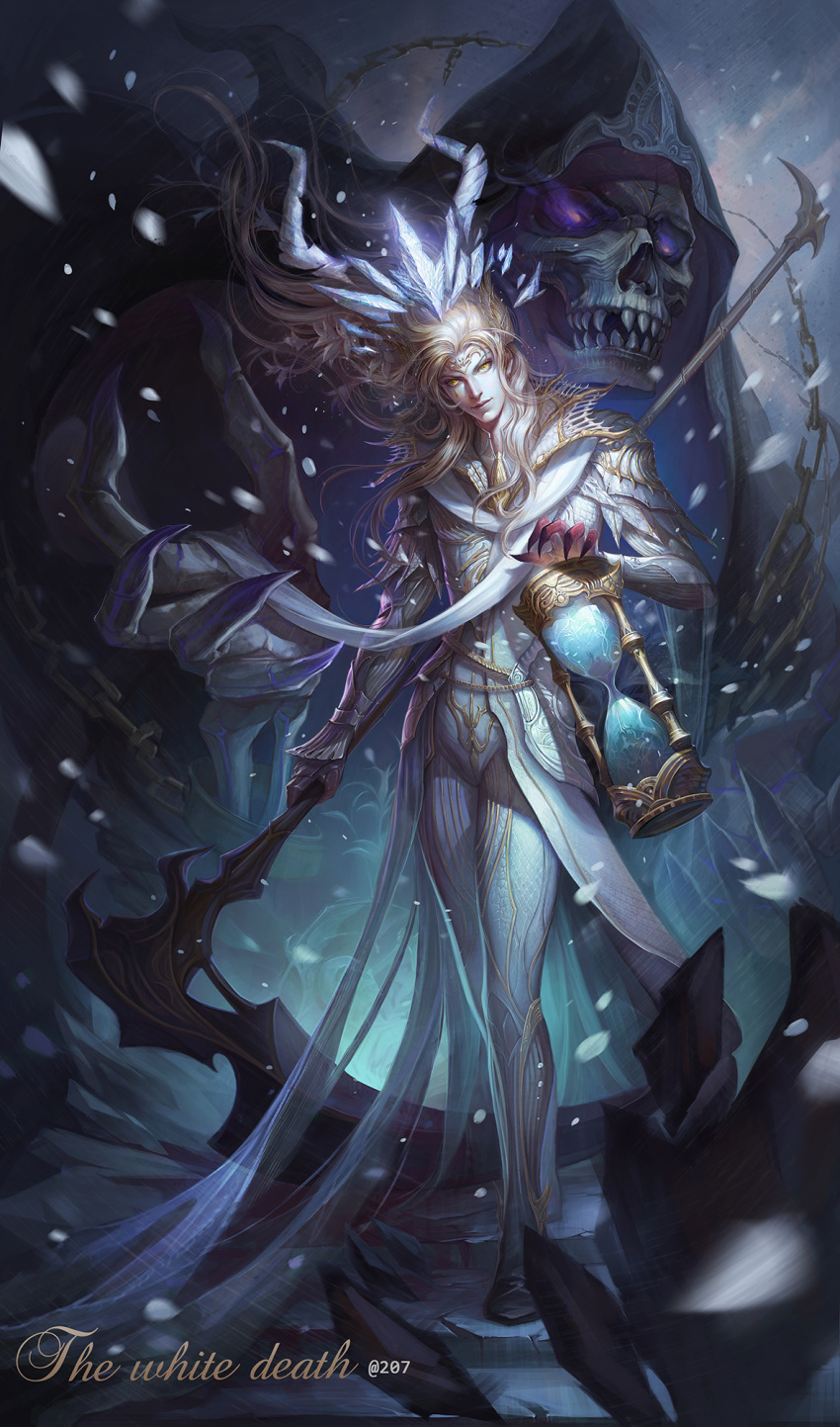 1boy, 207, armor, artist_name, blonde_hair, chain, claws, cloak, crown, death_(entity), english, full_body, highres, holding, horns, hourglass, ice, long_hair, male_focus, original, scarf, scythe, skeleton, smile, snow, standing, teeth, yellow_eyes