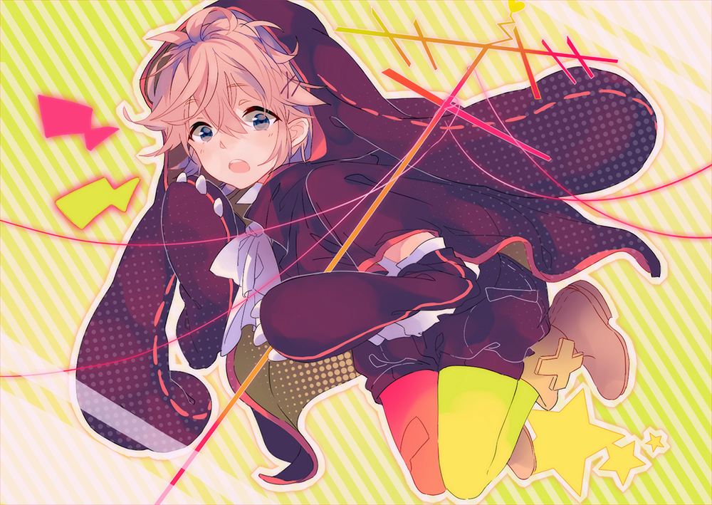 1boy, :o, alternate_costume, animal_ears, animal_hood, ankle_boots, bangs, blonde_hair