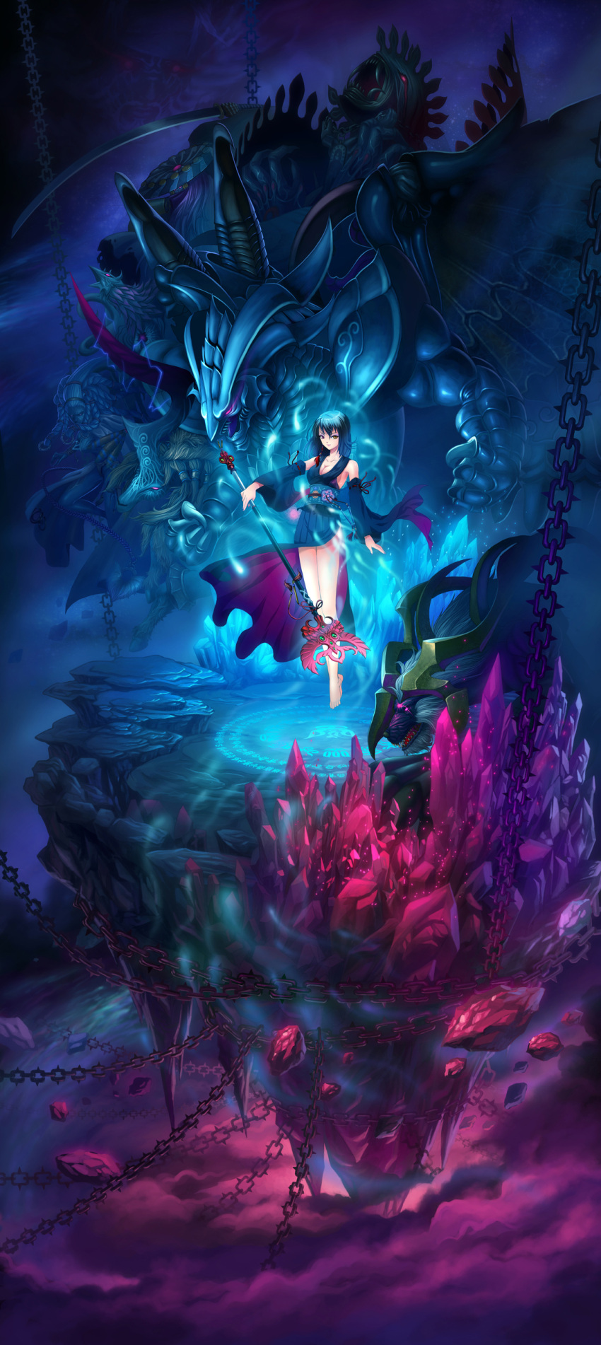 1girl, 2girls, absurdres, alternate_color, anima_(final_fantasy), bahamut_(final_fantasy), bare_shoulders, barefoot