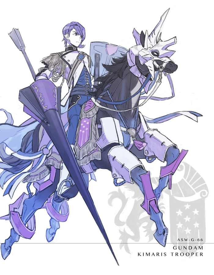 1boy, ebira, epaulettes, gaelio_bauduin, gundam, gundam_kimaris, gundam_kimaris_trooper, gundam_tekketsu_no_orphans, horse, lance, polearm, purple_hair, riding, shield, weapon