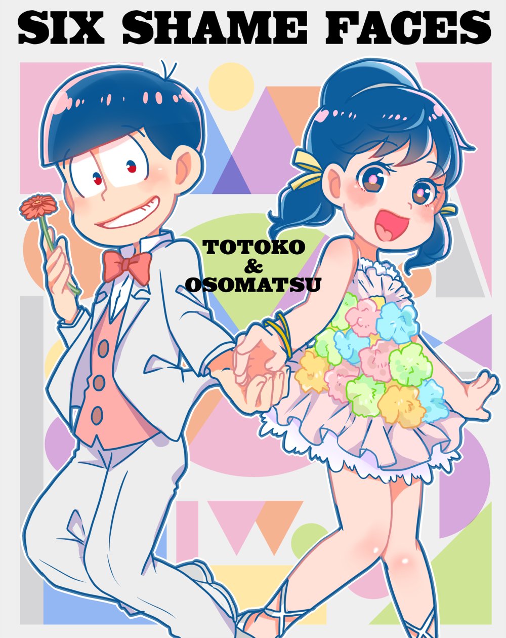 1boy, 1girl, black_hair, bracelet, brown_eyes, carnation, character_name, dress