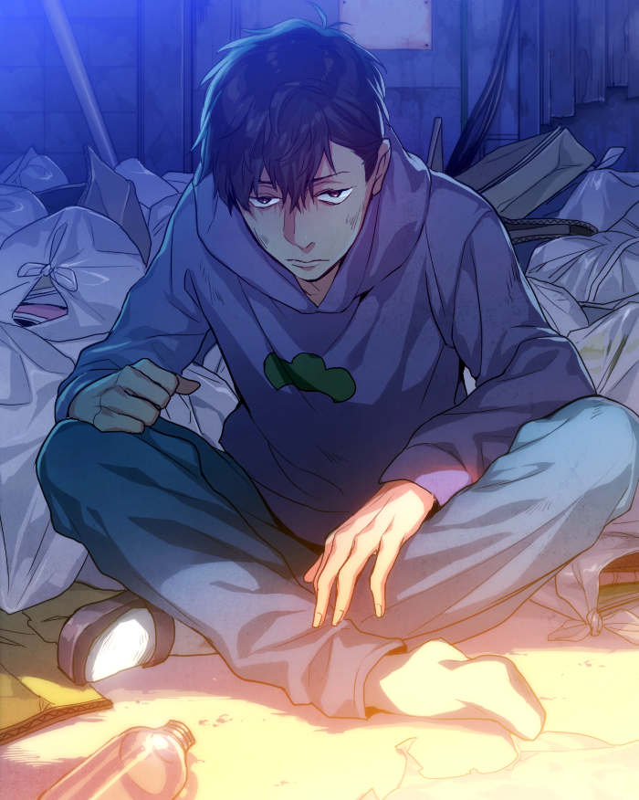 1boy, alley, bad_id, black_hair, bottle, box, cardboard_box, glass_bottle