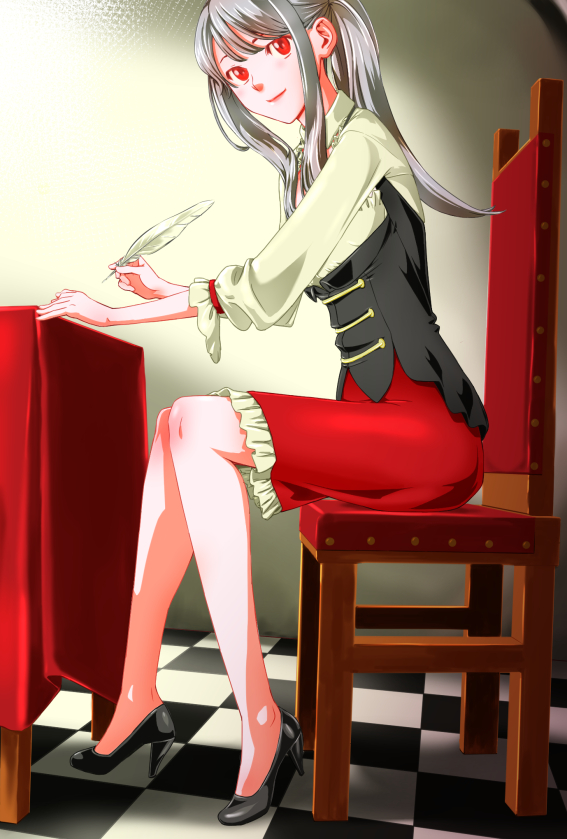 1girl, anna_(sennen_sensou_aigis), black_shoes, chair, checkered, checkered_floor, from_side, full_body, high_heels, holding, imazui_(sasachi), long_hair, long_sleeves, looking_at_viewer, looking_to_the_side, pencil_skirt, quill, red_eyes, red_skirt, sennen_sensou_aigis, shoes, sidelocks, silver_hair, sitting, skirt, smile, solo, wristband, writing