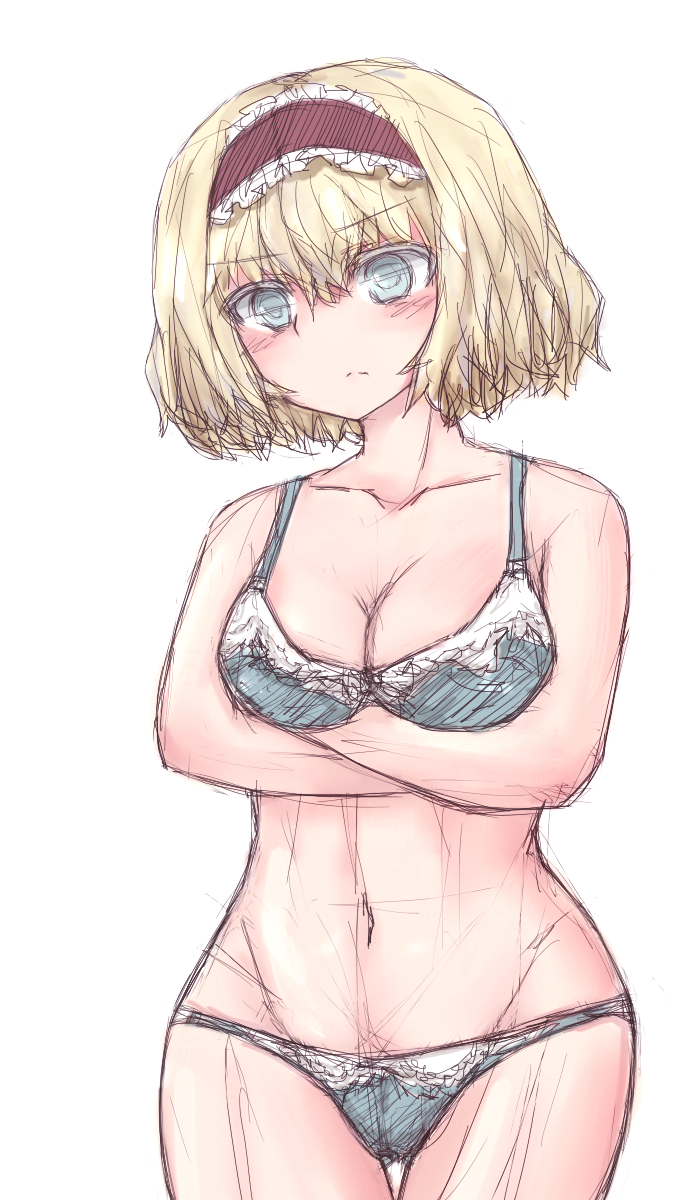 1girl, alice_margatroid, blonde_hair, blue_eyes, blush, bra, breast_hold, breasts