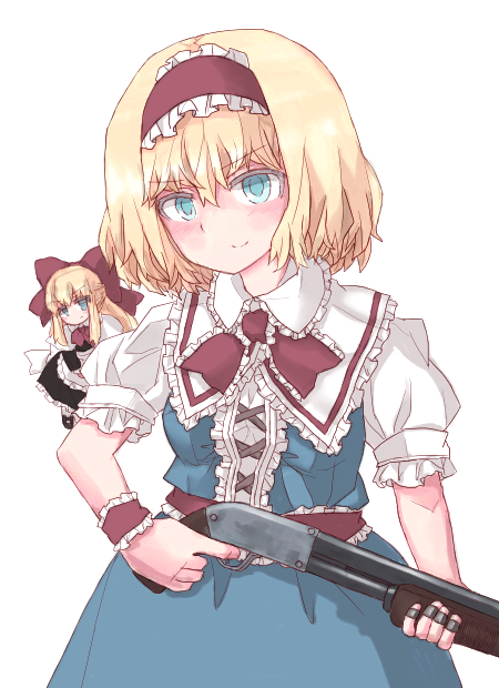 1girl, alice_margatroid, black_dress, blonde_hair, blue_dress, bow, commentary, dress