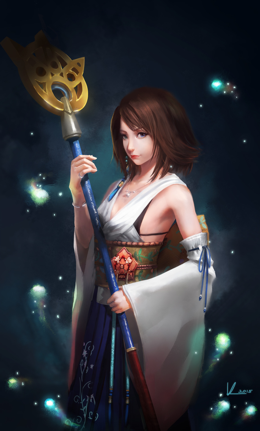 1girl, 2015, breasts, brown_hair, detached_sleeves, fantasy, final_fantasy, final_fantasy_x