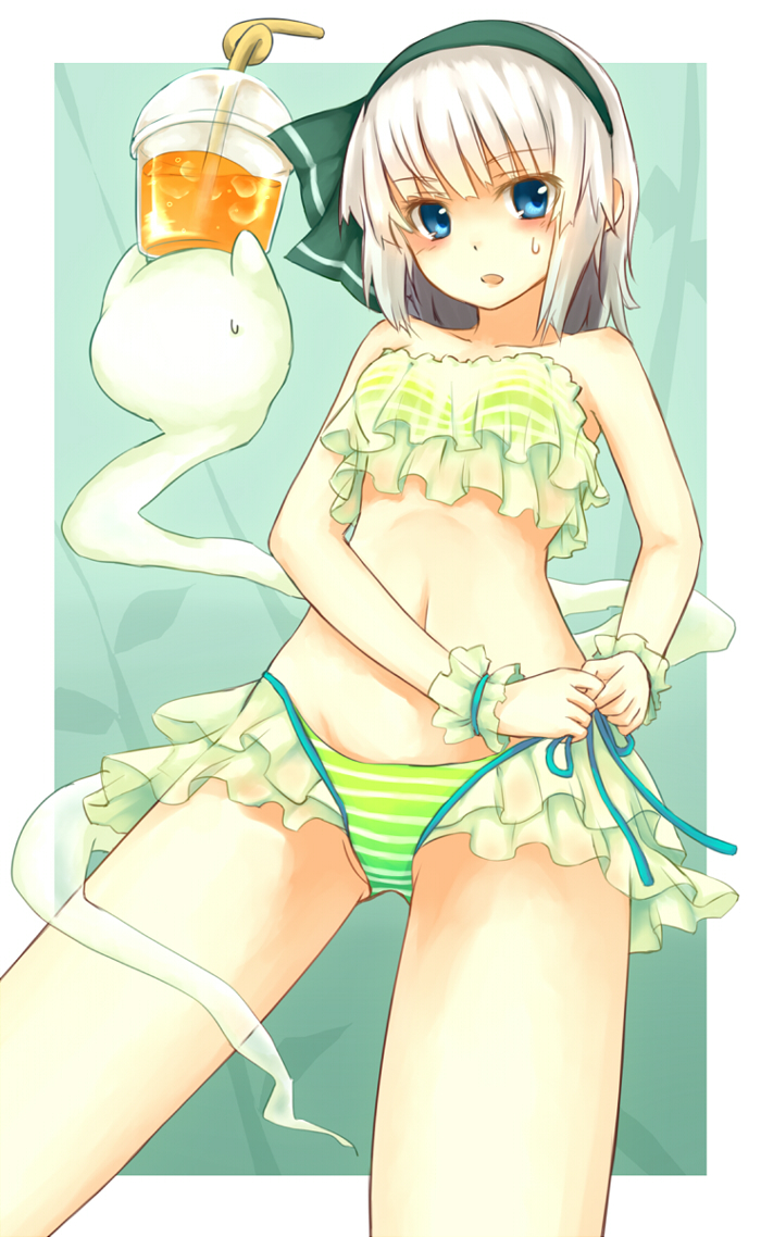 1girl, bikini, blue_eyes, blush, cheungchz, drink, frilled_bikini, frills