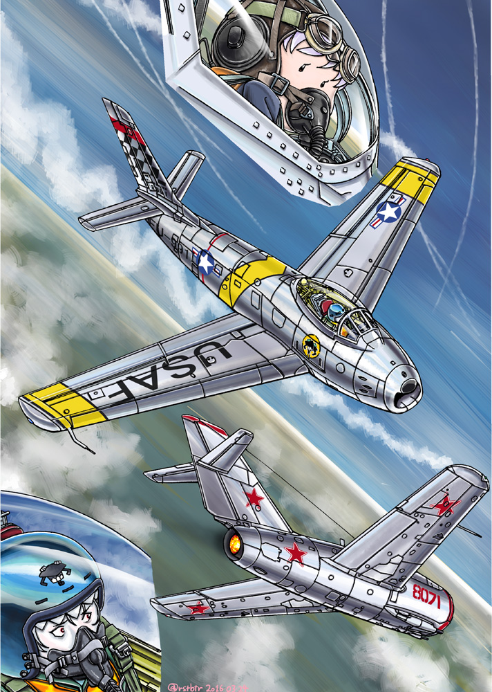 2girls, aerial_battle, airplane, battle, clouds, commentary_request, condensation_trail, dogfight, enemy_aircraft_(kantai_collection), f-86_sabre, fairy_(kantai_collection), goggles, kantai_collection, mig-15, military, military_vehicle, multiple_girls, oxygen_mask, risetto_botan_renda, star, us_air_force, vehicle